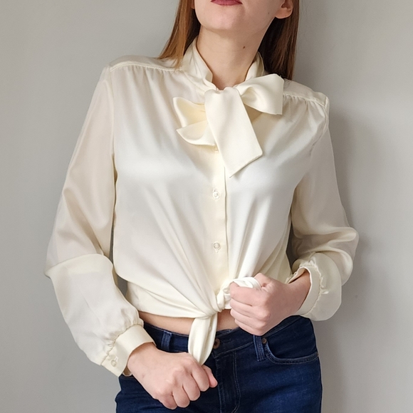 Vintage Tops - Vintage 80s Ivory Satin Button Down Formal Blouse Tie Neck Bow